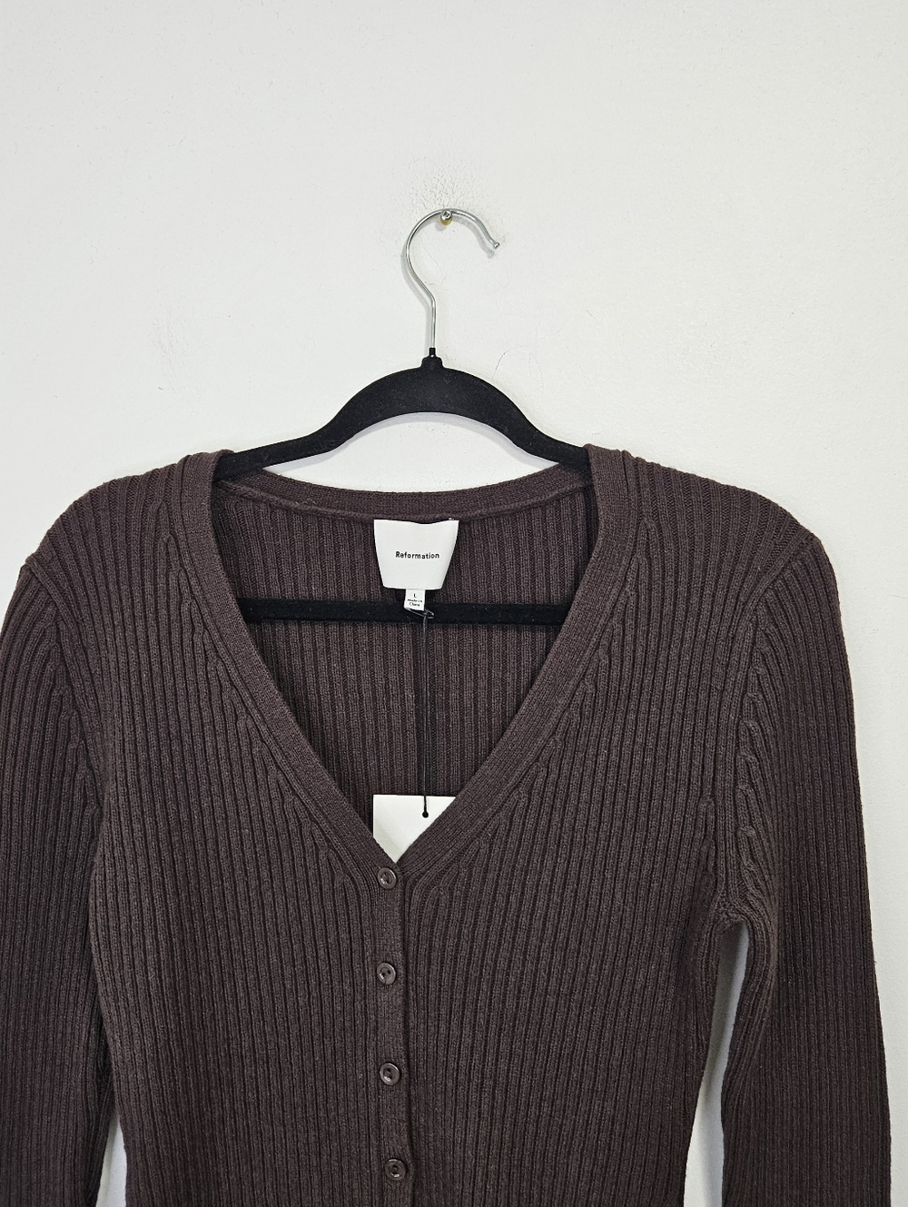 SOLD NWT Reformation Fia Cotton Cashmere Blend Cardigan Sz L Brown Ribbed - Picture 5 of 13